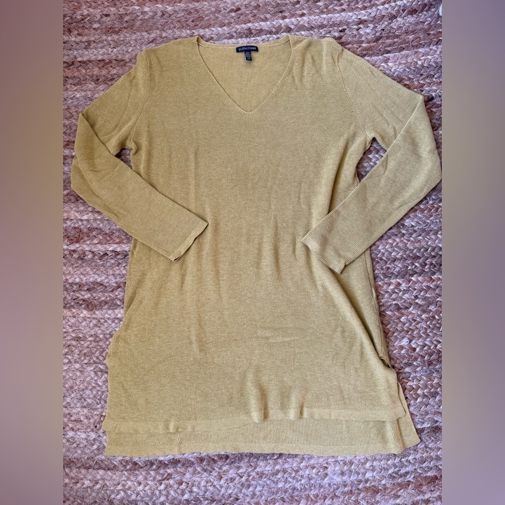 Eileen Fisher Medium Mustard Yellow V Neck Cotton Blend Tunic Sweater